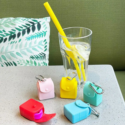 Mini Bag Keychain  Convenient Cup Bottle Hanging Mini Portable Straw Storage Bag  Solid Color Storage Bag