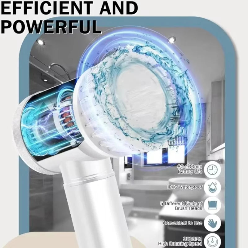 Electric Spin Scrubber,Bathroom Cleaning Brush Power Scrubber with 5 Replaceable Brush Heads, Electric Cleaning Brush